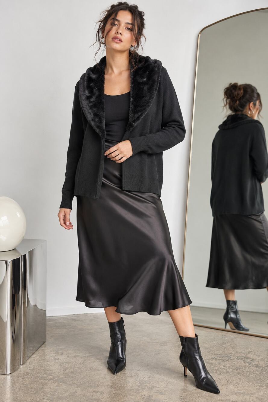 Laura Scott Black Faux Fur Collar Open Front Cardigan Sweater M